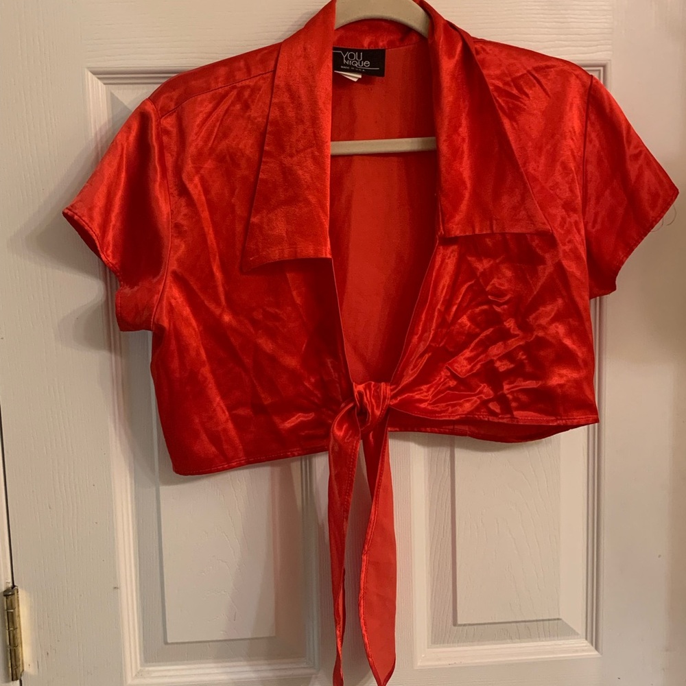 Red Tie-Front Satin Crop Top